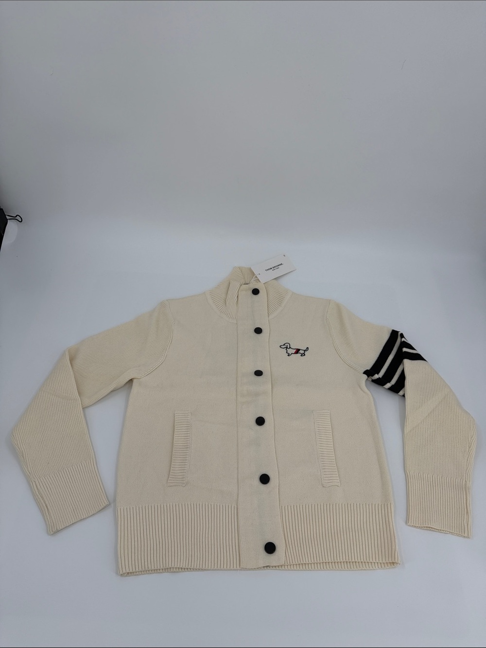Thom Browne Cream Knit Button-Up  Cardigan with Stripe Sleeve